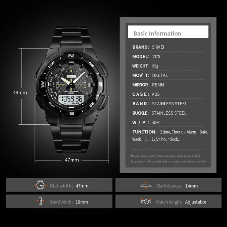 SKMEI 1370 Multifunctional Men Outdoor Sports Noctilucent Waterproof Stainless Steel Digital Wrist Watch, SKMEI 1370