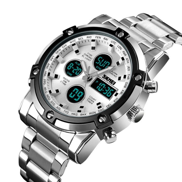 SKMEI 1389 Multifunctional Men Business Digital Watch 30m Waterproof Large Dial Wrist Watch with Stainless Steel Watchband , 1389 Silver, 1389 Black, 1389 Blue