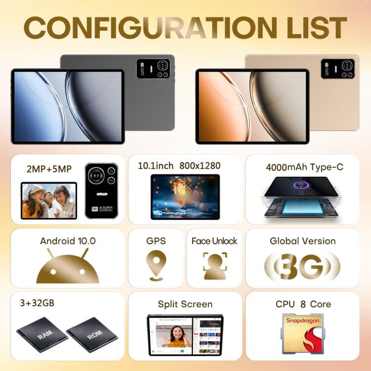 Pad 8 Ultra 10.1 inch 3G Phone Call Tablet PC, 3GB+32GB, Android 10 MTK6755 Octa Core, AU Plug, AU Plug