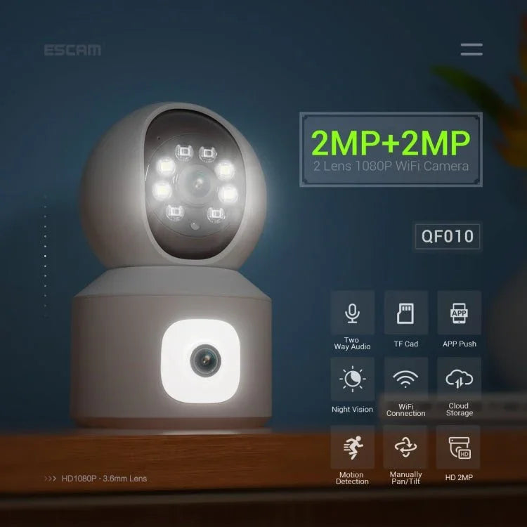 ESCAM QF010 2x2MP Dual Lens Dual Screen Surveillance WiFi Camera Support Two - way Voice & Motion Detection - Trustpick