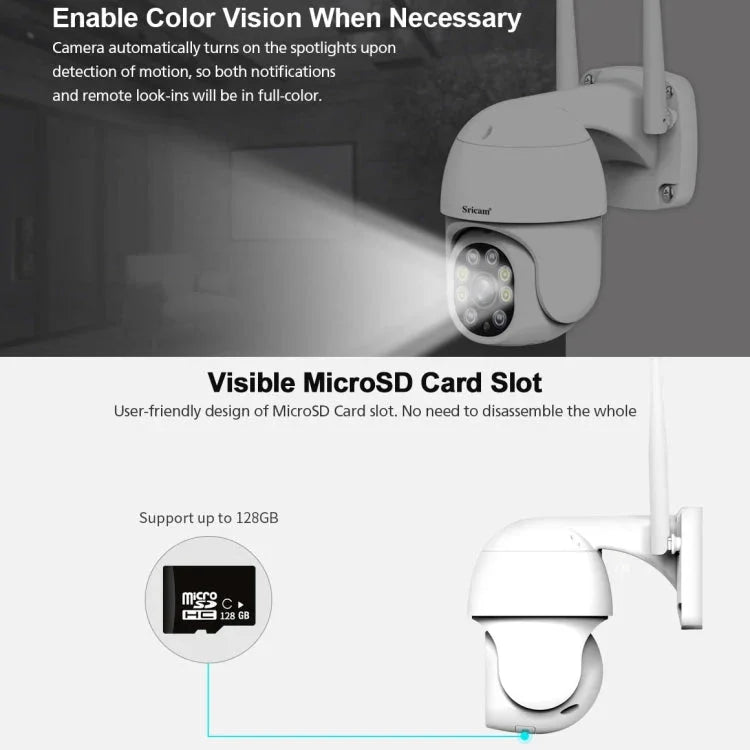 Sricam SP028 1080P HD Outdoor PTZ Camera, Support Two Way Audio / Motion Detection / Humanoid Detection / Color Night Vision / TF Card, US Plug - Trustpick
