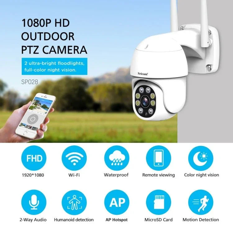 Sricam SP028 1080P HD Outdoor PTZ Camera, Support Two Way Audio / Motion Detection / Humanoid Detection / Color Night Vision / TF Card, US Plug - Trustpick